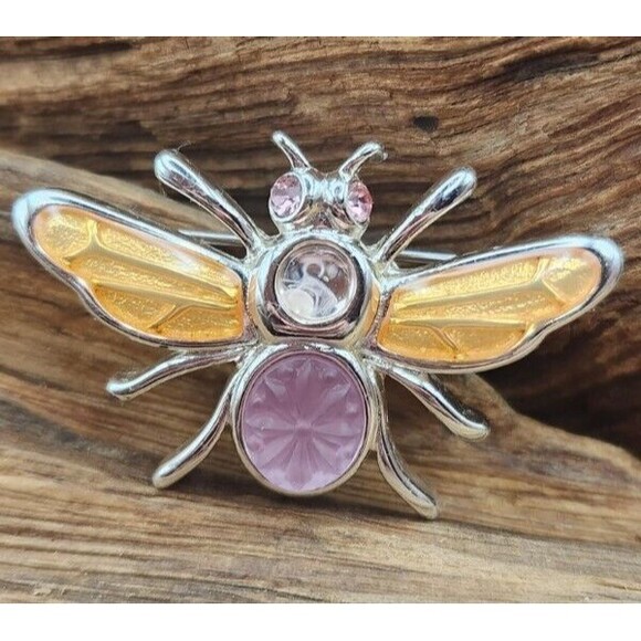 Vintage‎ Signed Monet 1.5" Silvertone Bee Brooch Enamel Rhinestone - Picture 1 of 3